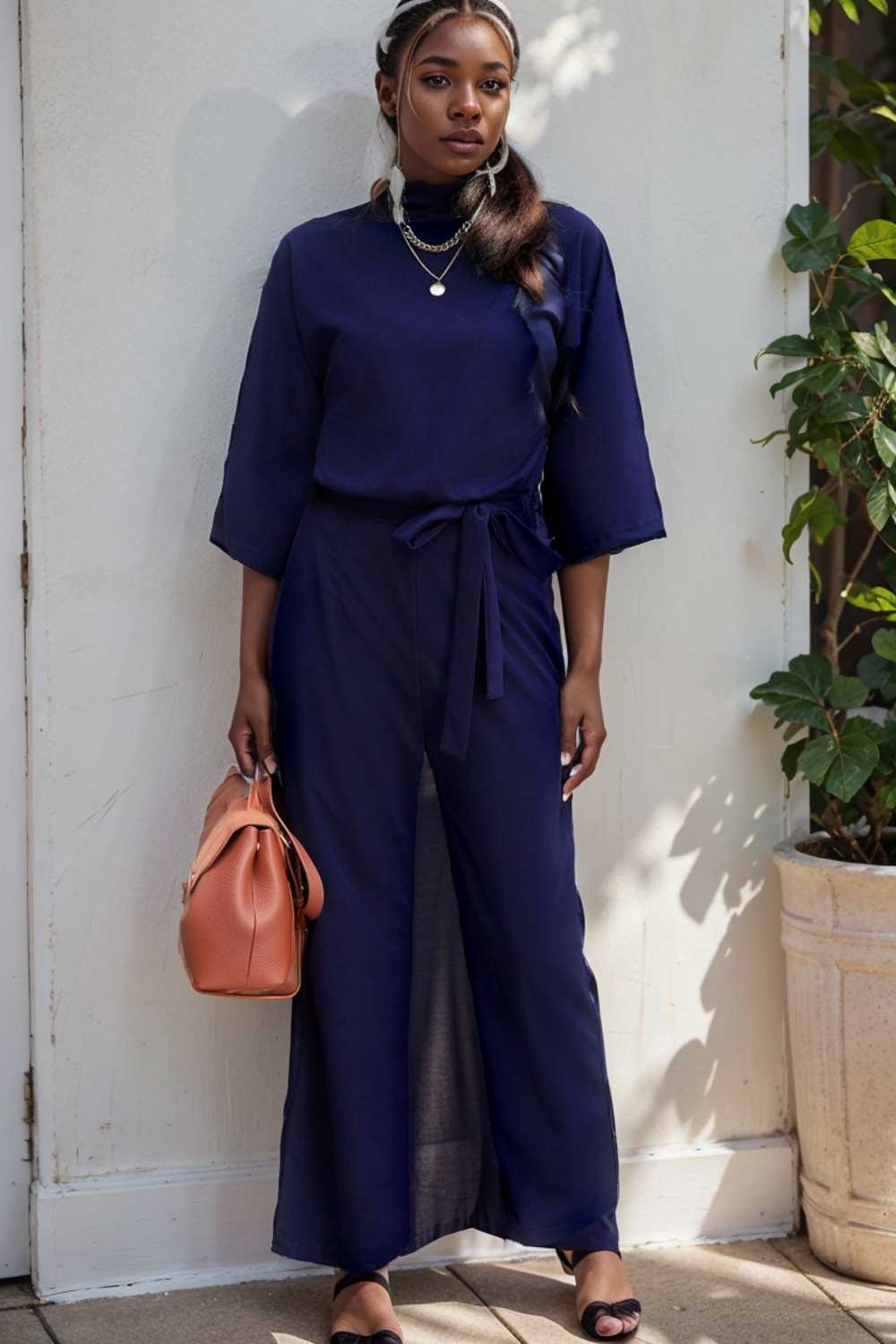 solid five point sleeve belted wide leg jumpsuit 111057