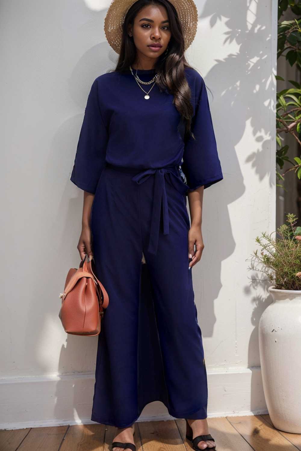 solid five point sleeve belted wide leg jumpsuit 111530