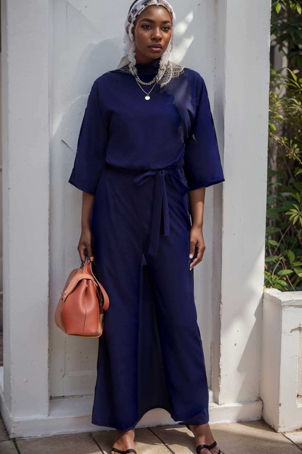 solid five point sleeve belted wide leg jumpsuit 112761