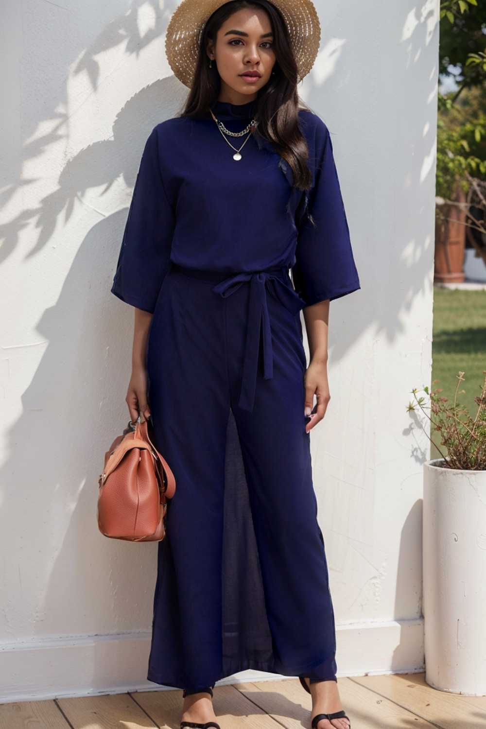solid five point sleeve belted wide leg jumpsuit 112760