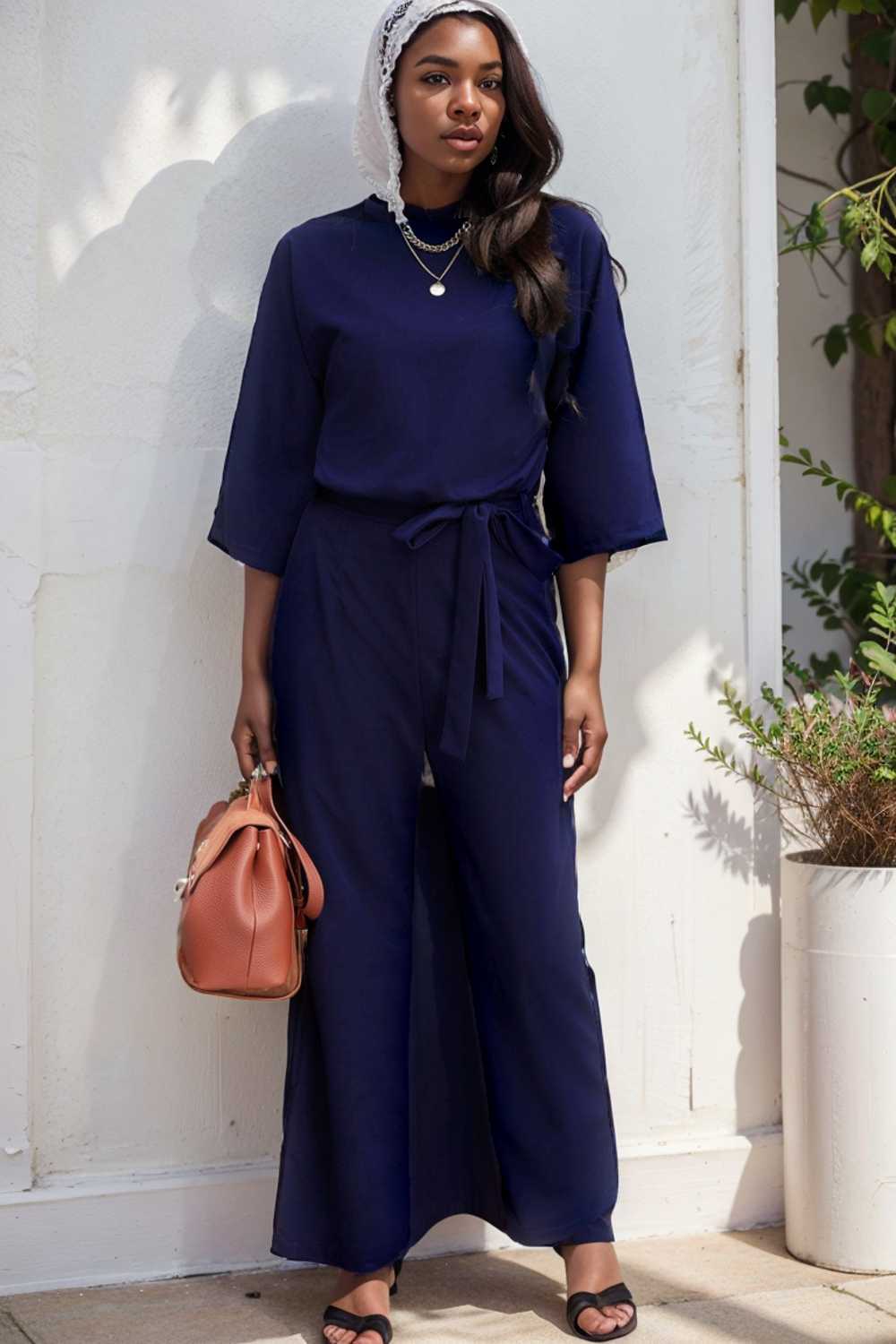 solid five point sleeve belted wide leg jumpsuit 112759