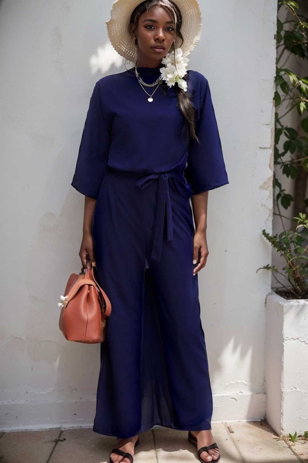 solid five point sleeve belted wide leg jumpsuit 111527