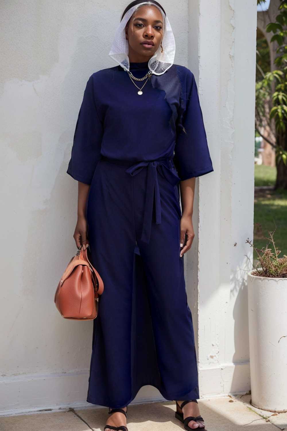solid five point sleeve belted wide leg jumpsuit 111525