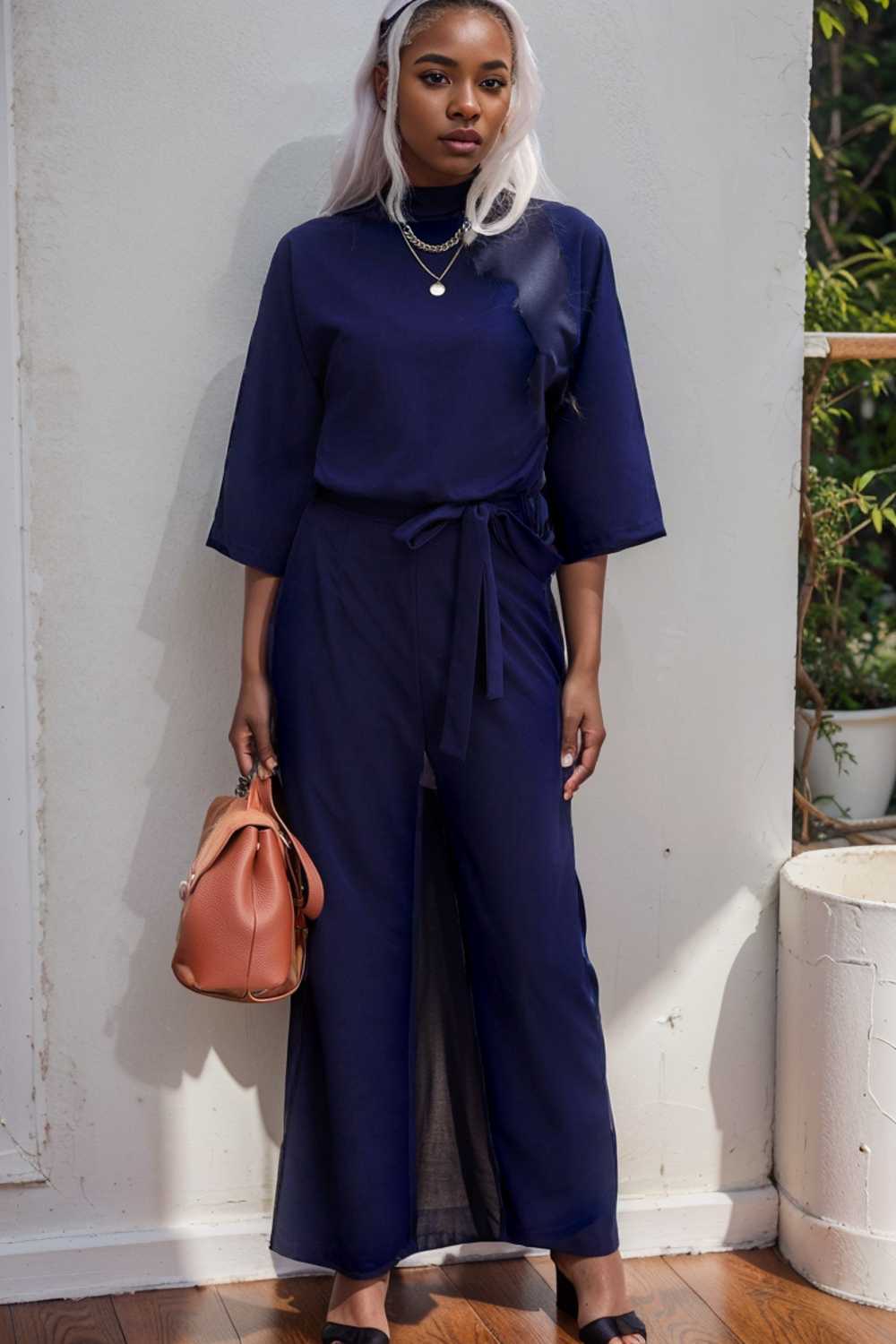 solid five point sleeve belted wide leg jumpsuit 111521