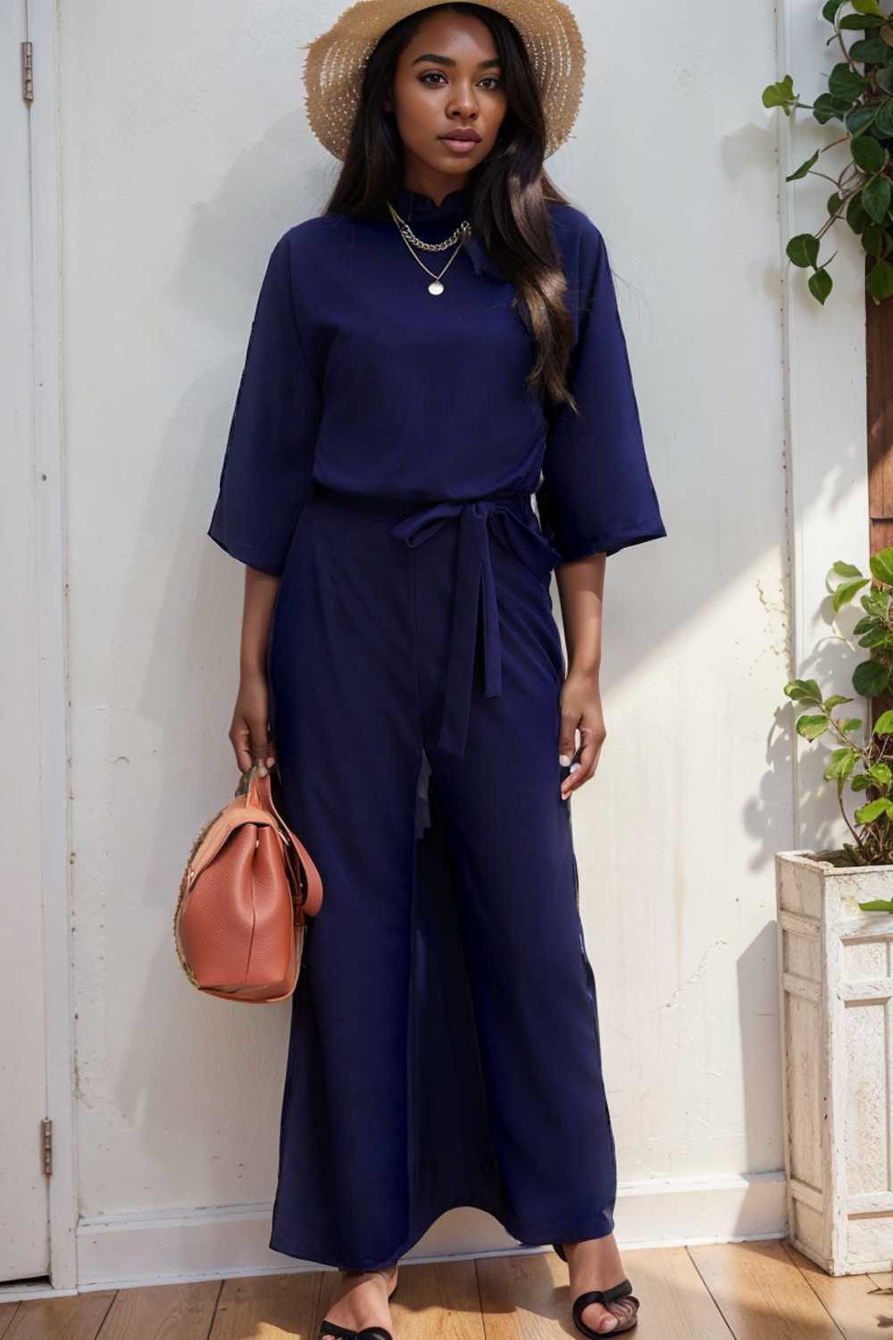 solid five point sleeve belted wide leg jumpsuit 111517