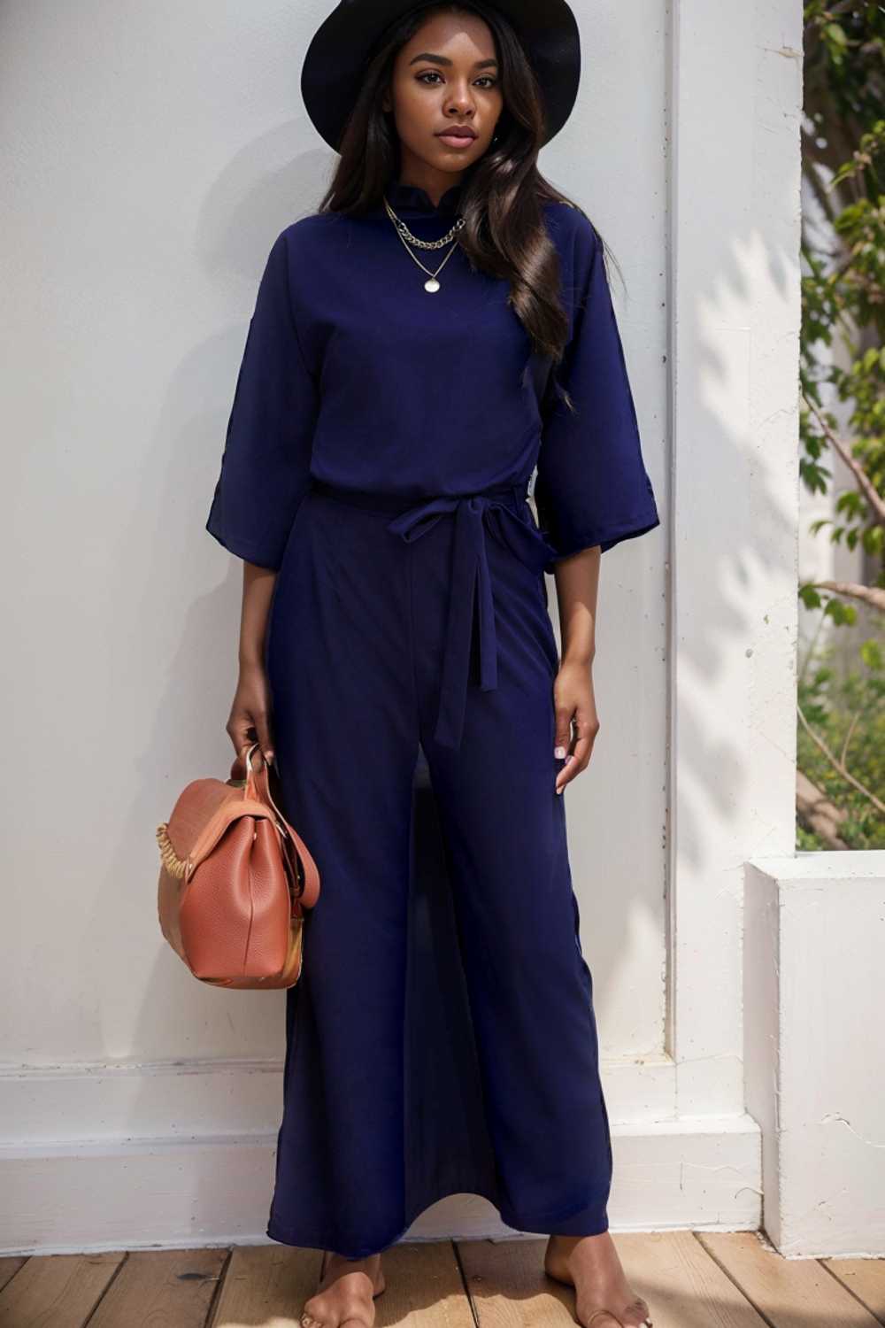 solid five point sleeve belted wide leg jumpsuit 111515