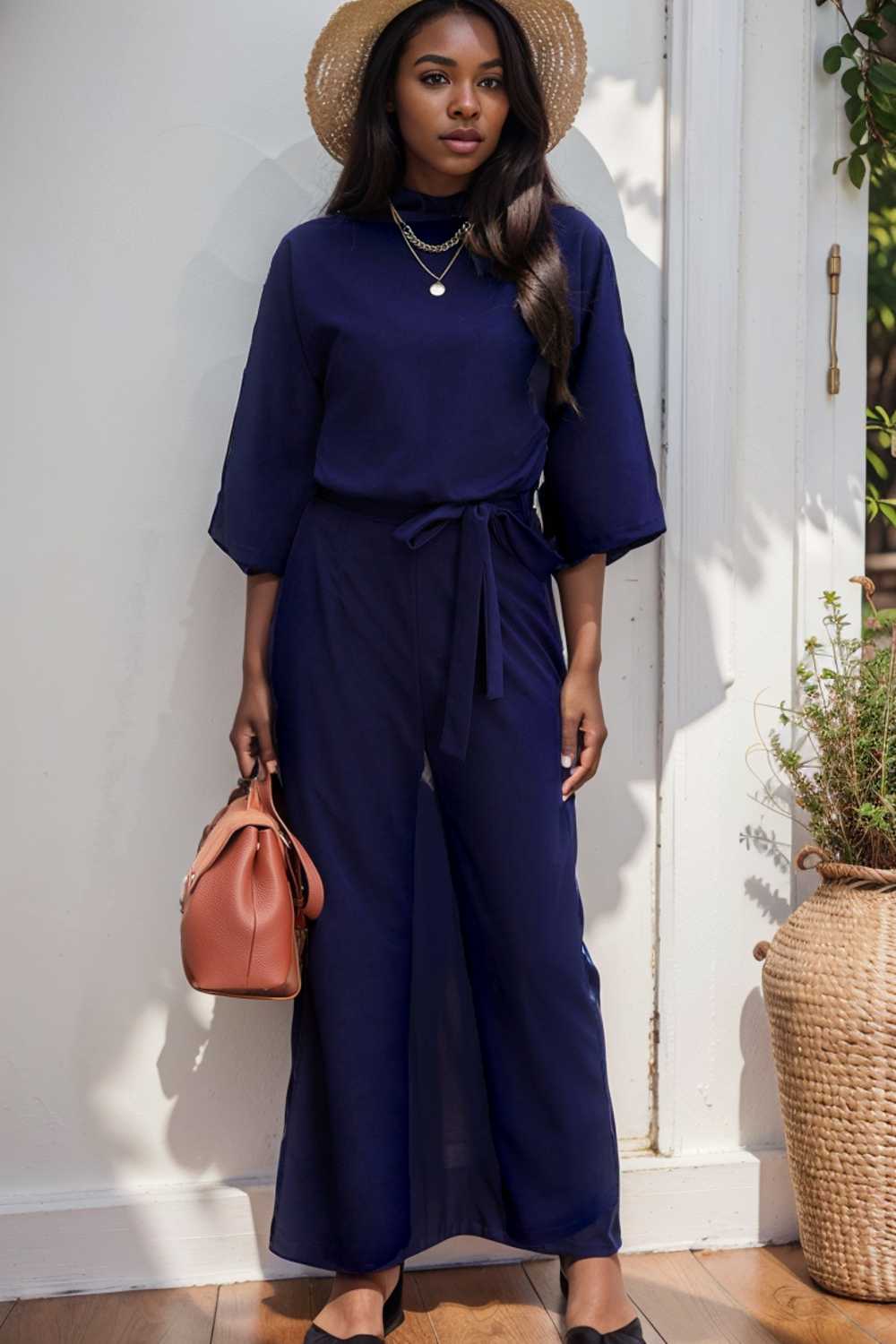 solid five point sleeve belted wide leg jumpsuit 111509