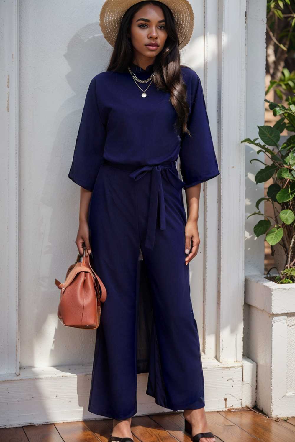 solid five point sleeve belted wide leg jumpsuit 111508