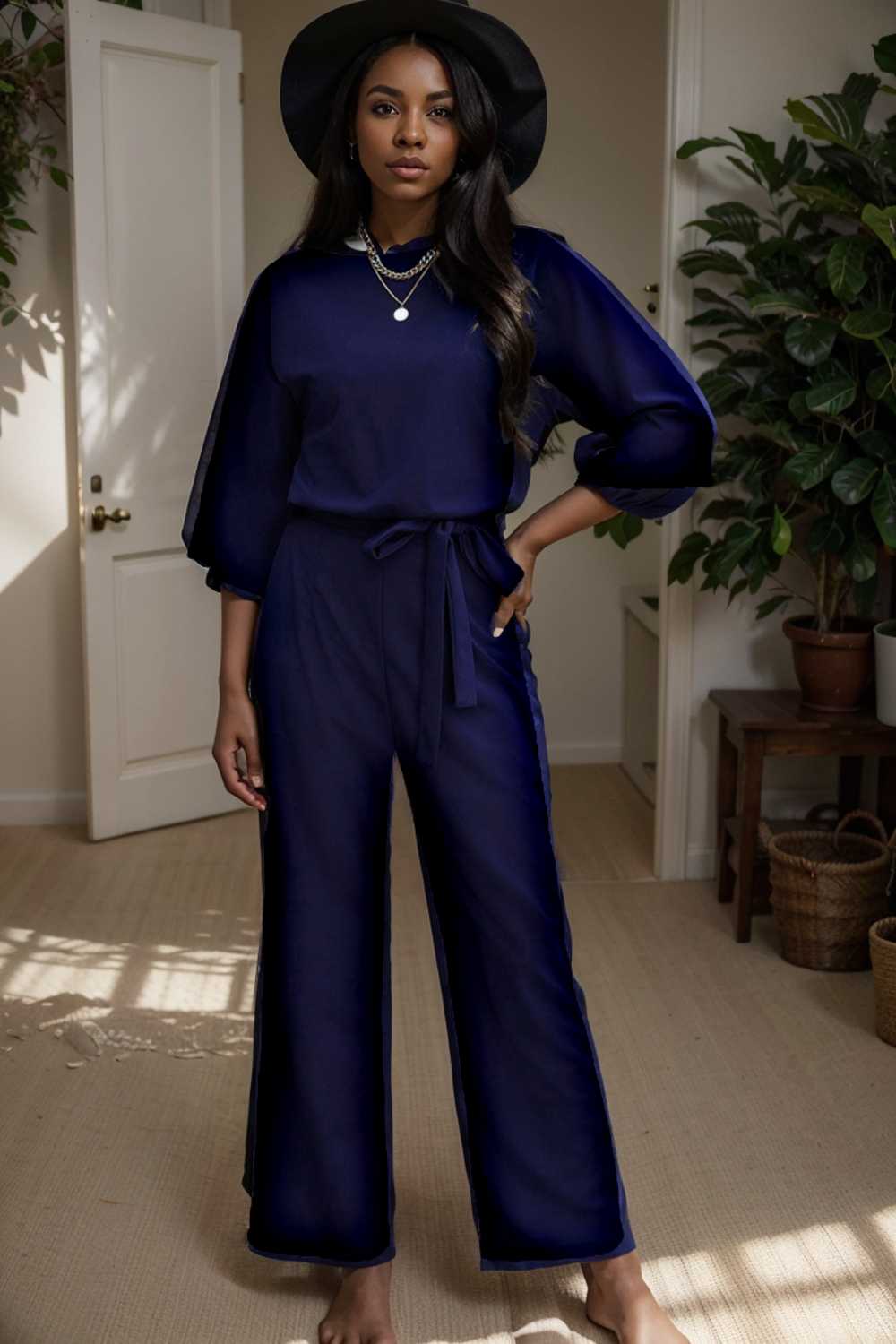 solid five point sleeve belted wide leg jumpsuit 111056