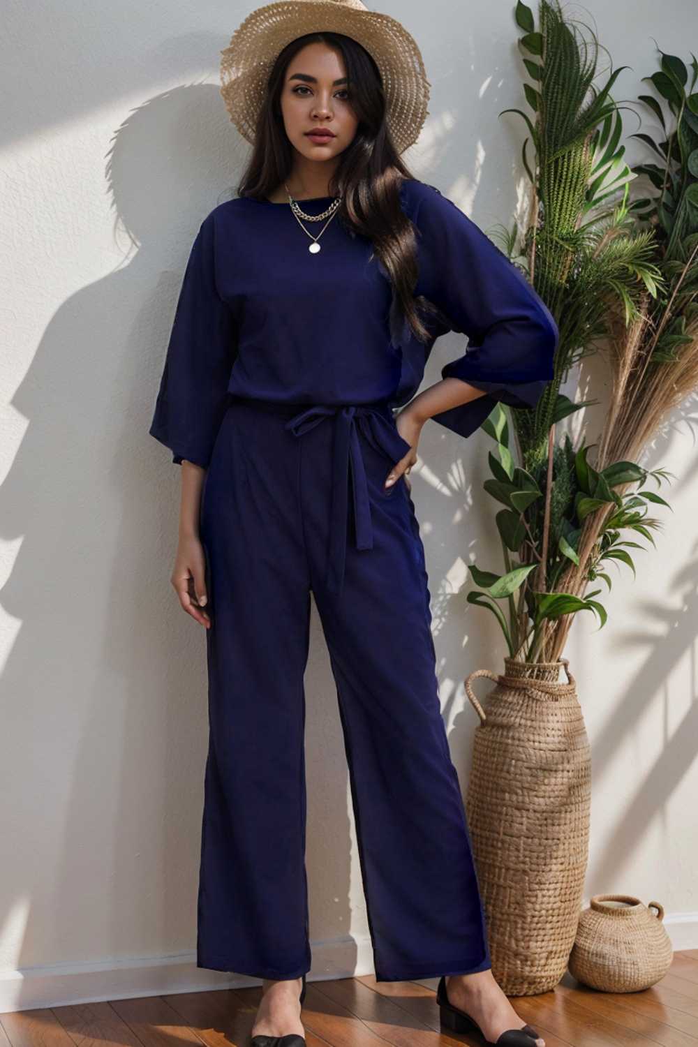 solid five point sleeve belted wide leg jumpsuit 112757