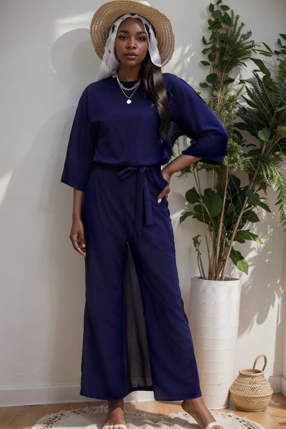 solid five point sleeve belted wide leg jumpsuit 112756