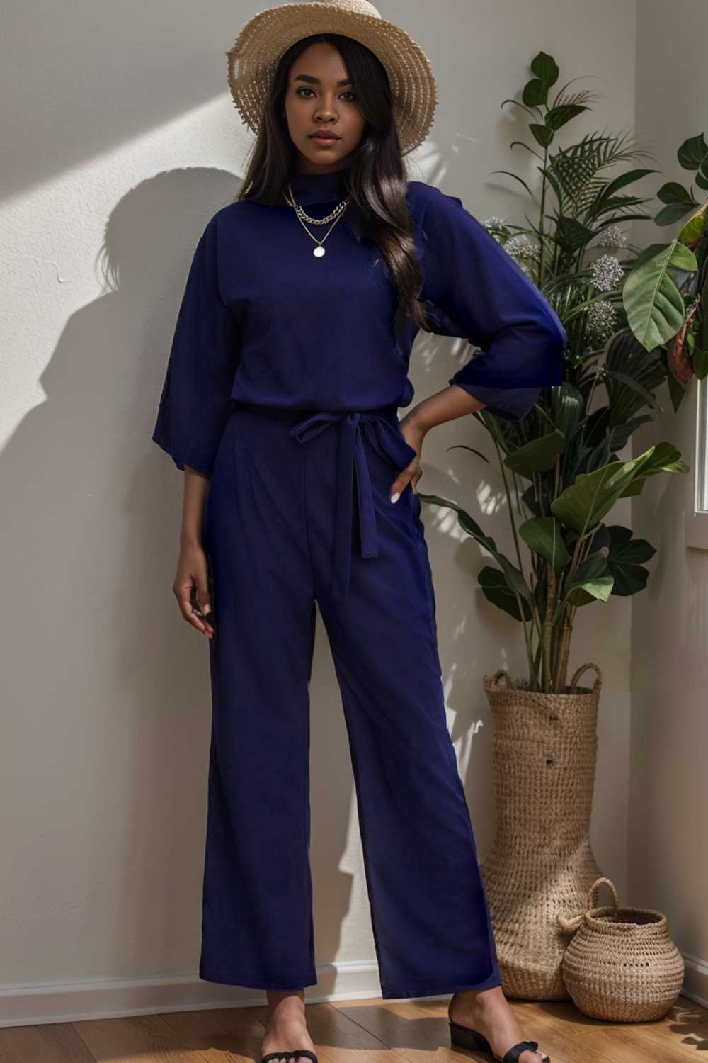 solid five point sleeve belted wide leg jumpsuit 112754