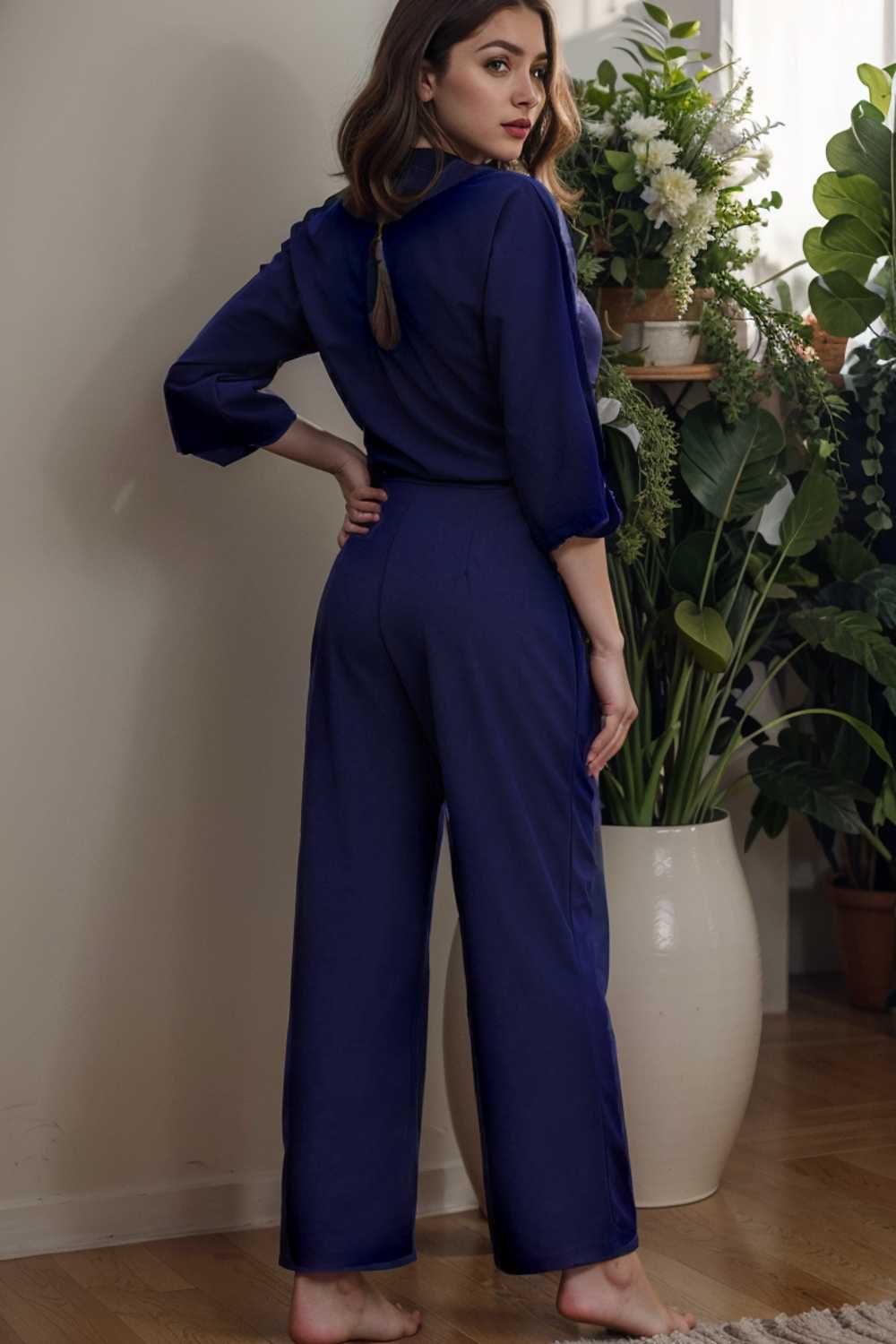 solid five point sleeve belted wide leg jumpsuit 111055