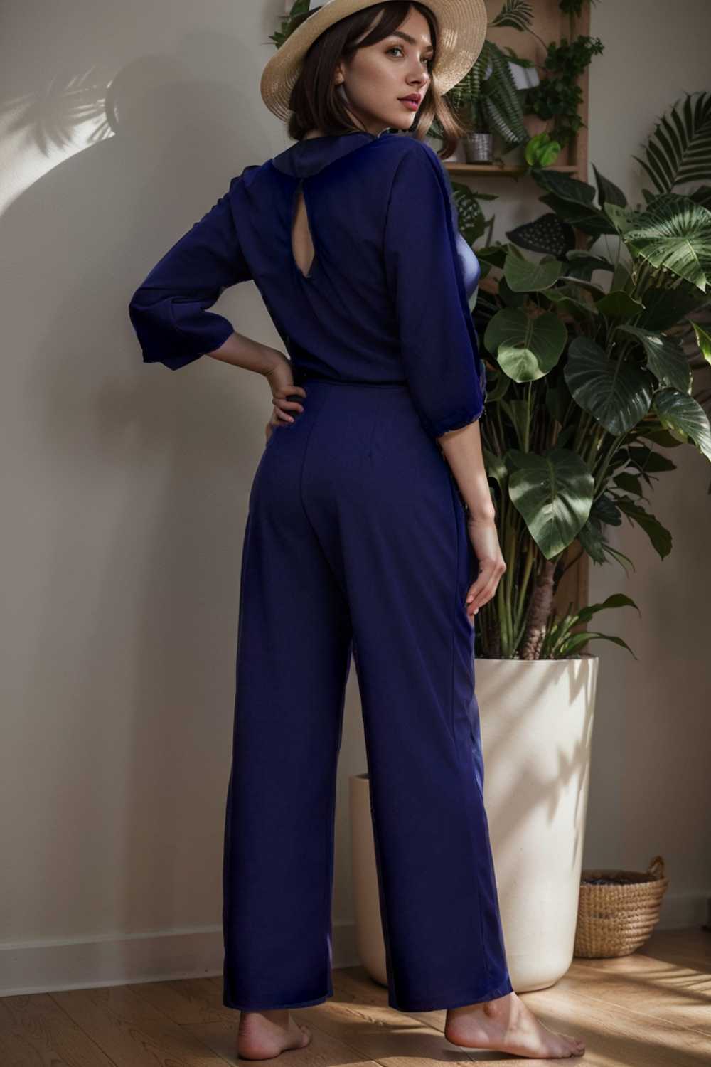 solid five point sleeve belted wide leg jumpsuit 112752