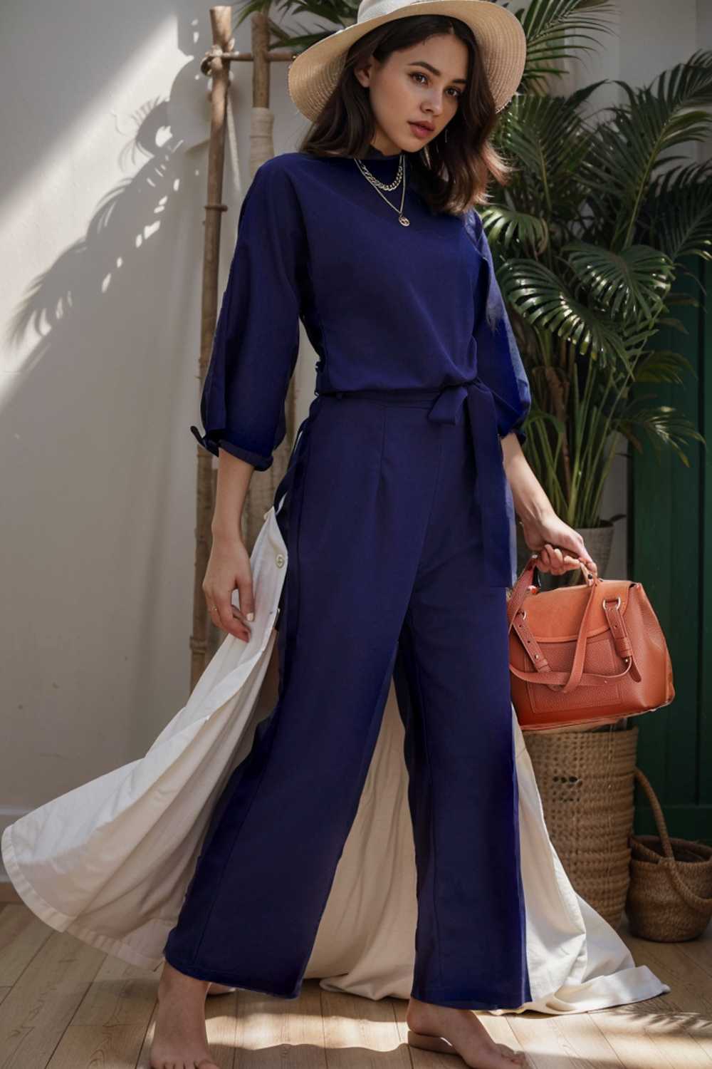 solid five point sleeve belted wide leg jumpsuit 112749
