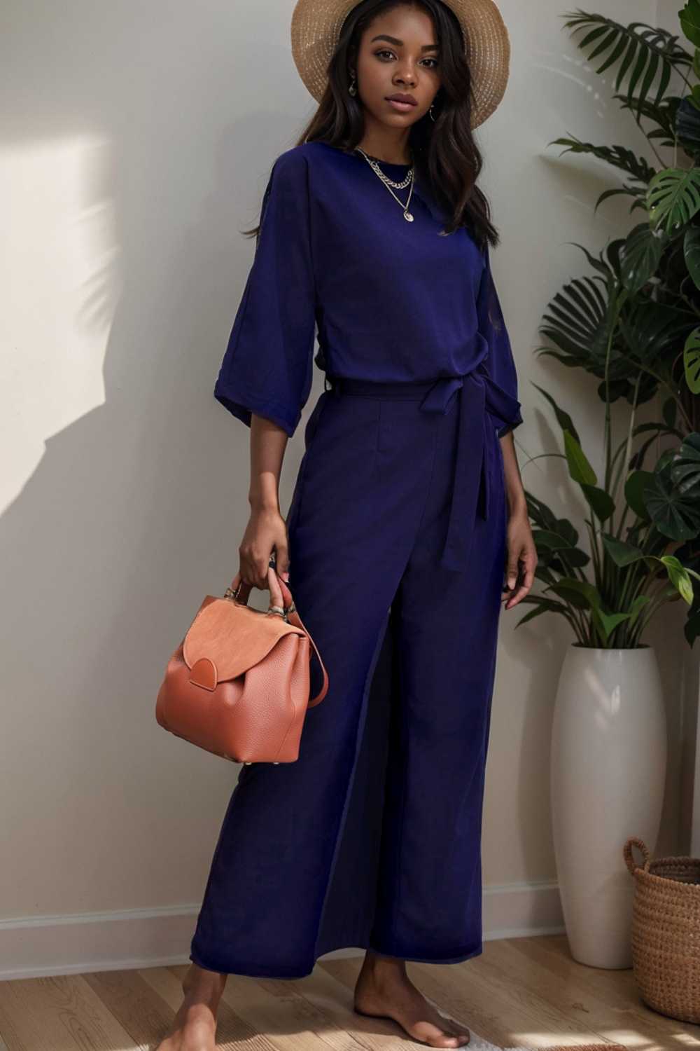 solid five point sleeve belted wide leg jumpsuit 112748