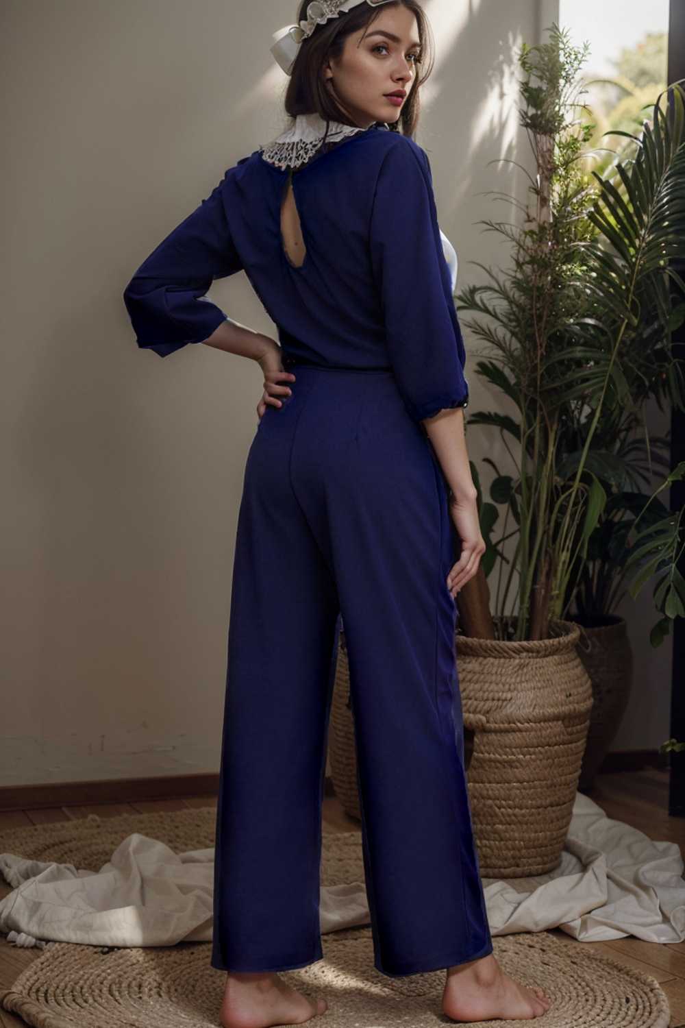 solid five point sleeve belted wide leg jumpsuit 112747