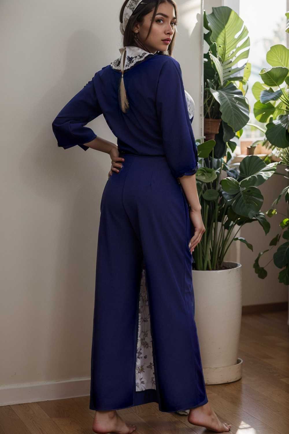 solid five point sleeve belted wide leg jumpsuit 112746