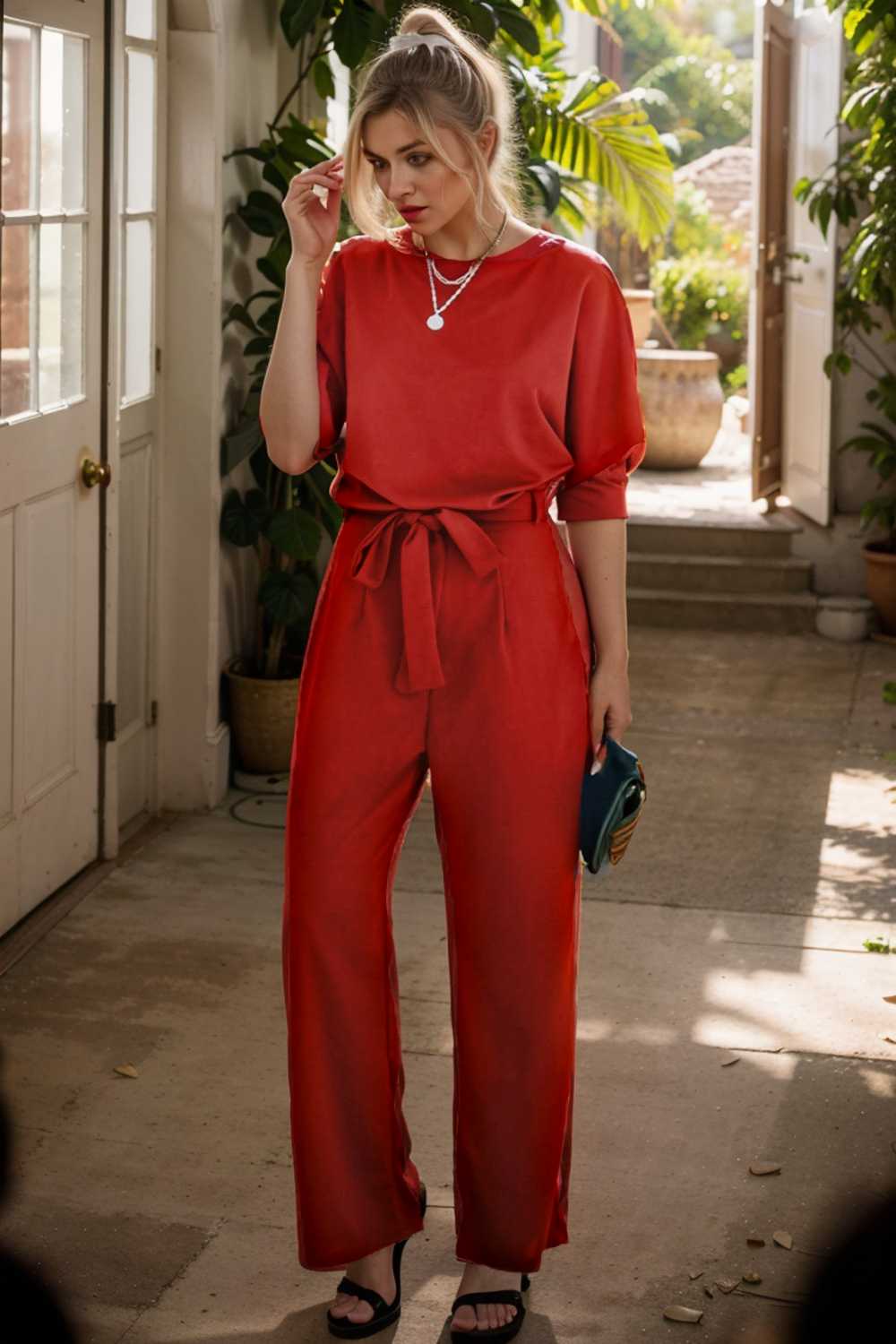 solid five point sleeve belted wide leg jumpsuit 112745