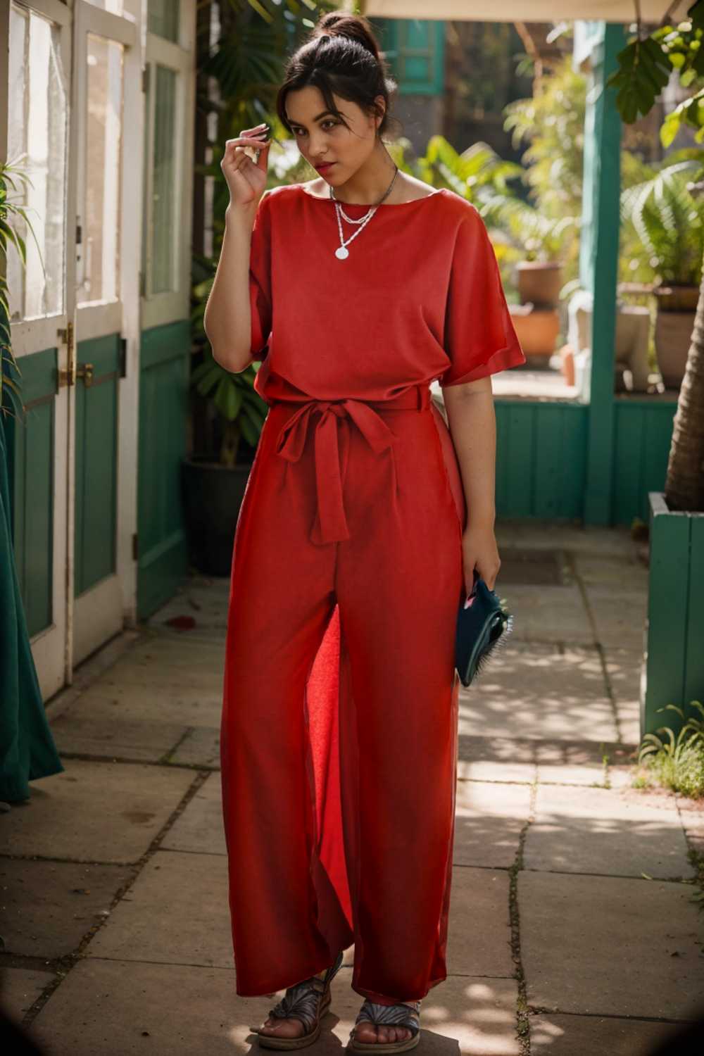 solid five point sleeve belted wide leg jumpsuit 112729