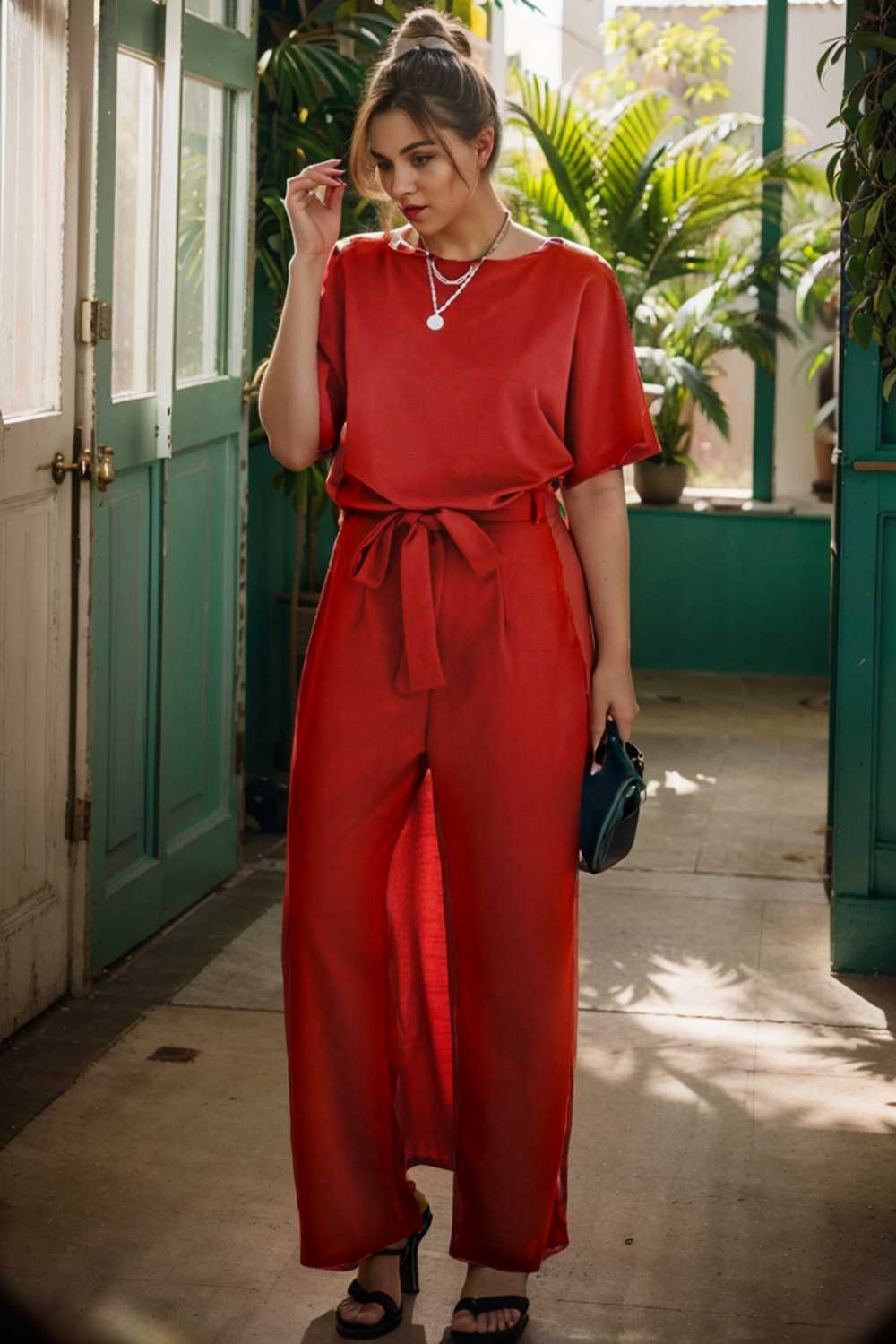 solid five point sleeve belted wide leg jumpsuit 112728