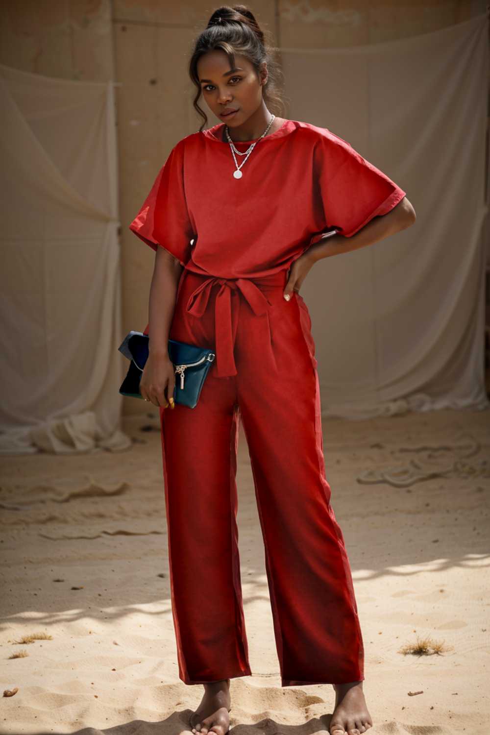 solid five point sleeve belted wide leg jumpsuit 112727