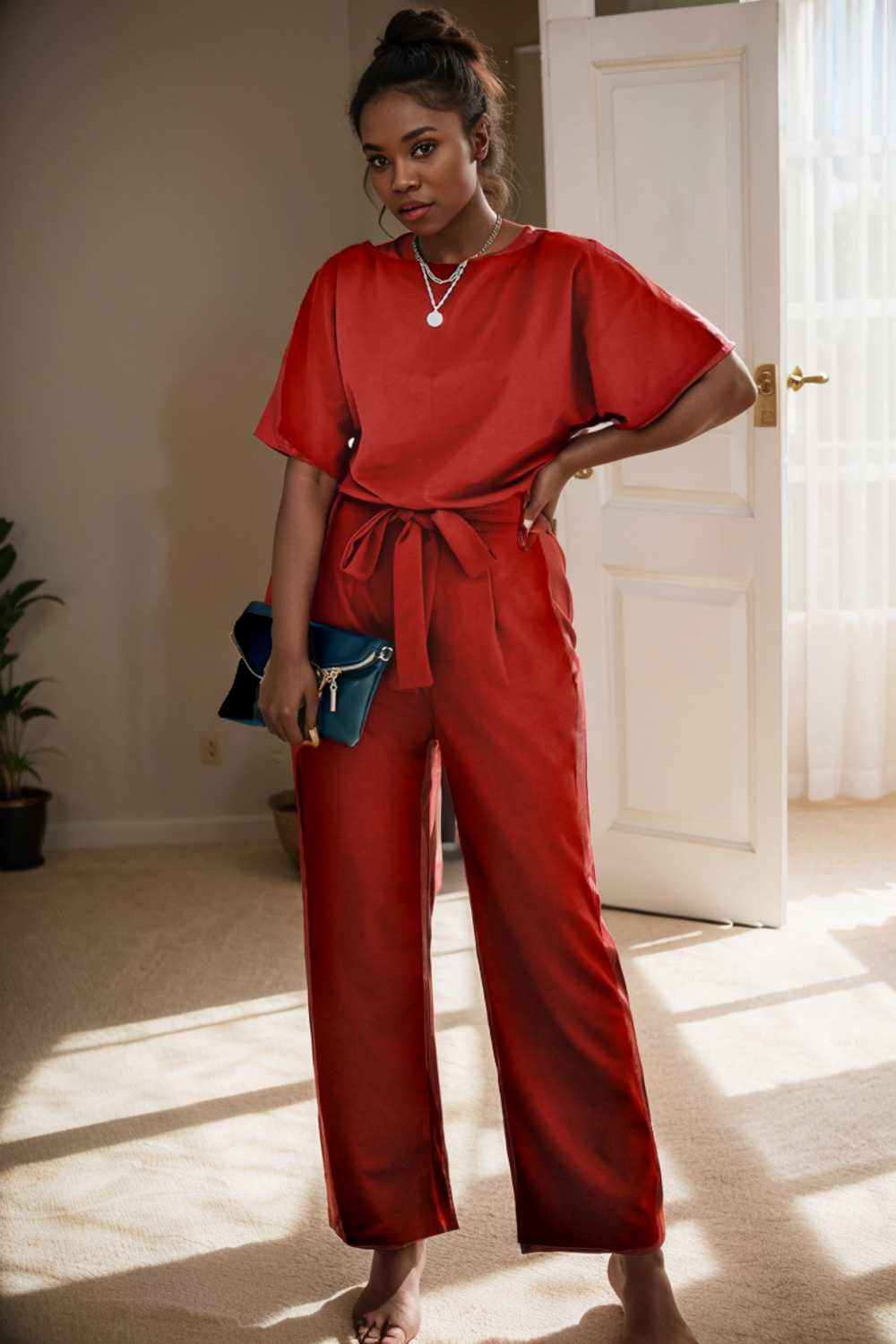 solid five point sleeve belted wide leg jumpsuit 111054