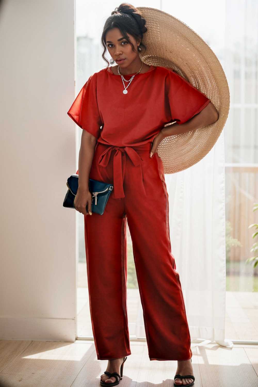 solid five point sleeve belted wide leg jumpsuit 112725