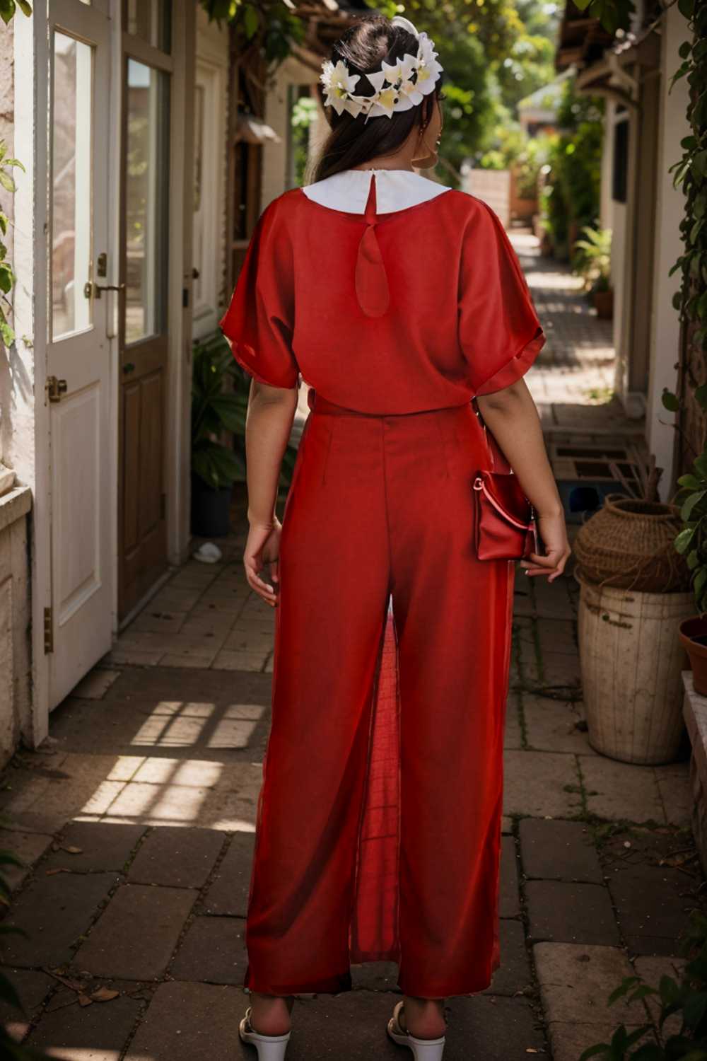 solid five point sleeve belted wide leg jumpsuit 111053