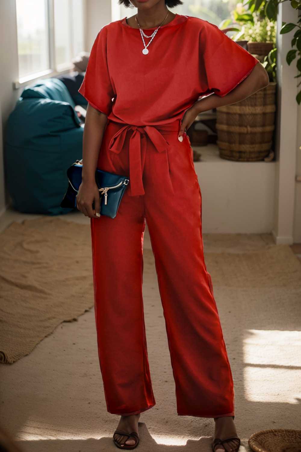 solid five point sleeve belted wide leg jumpsuit 112723