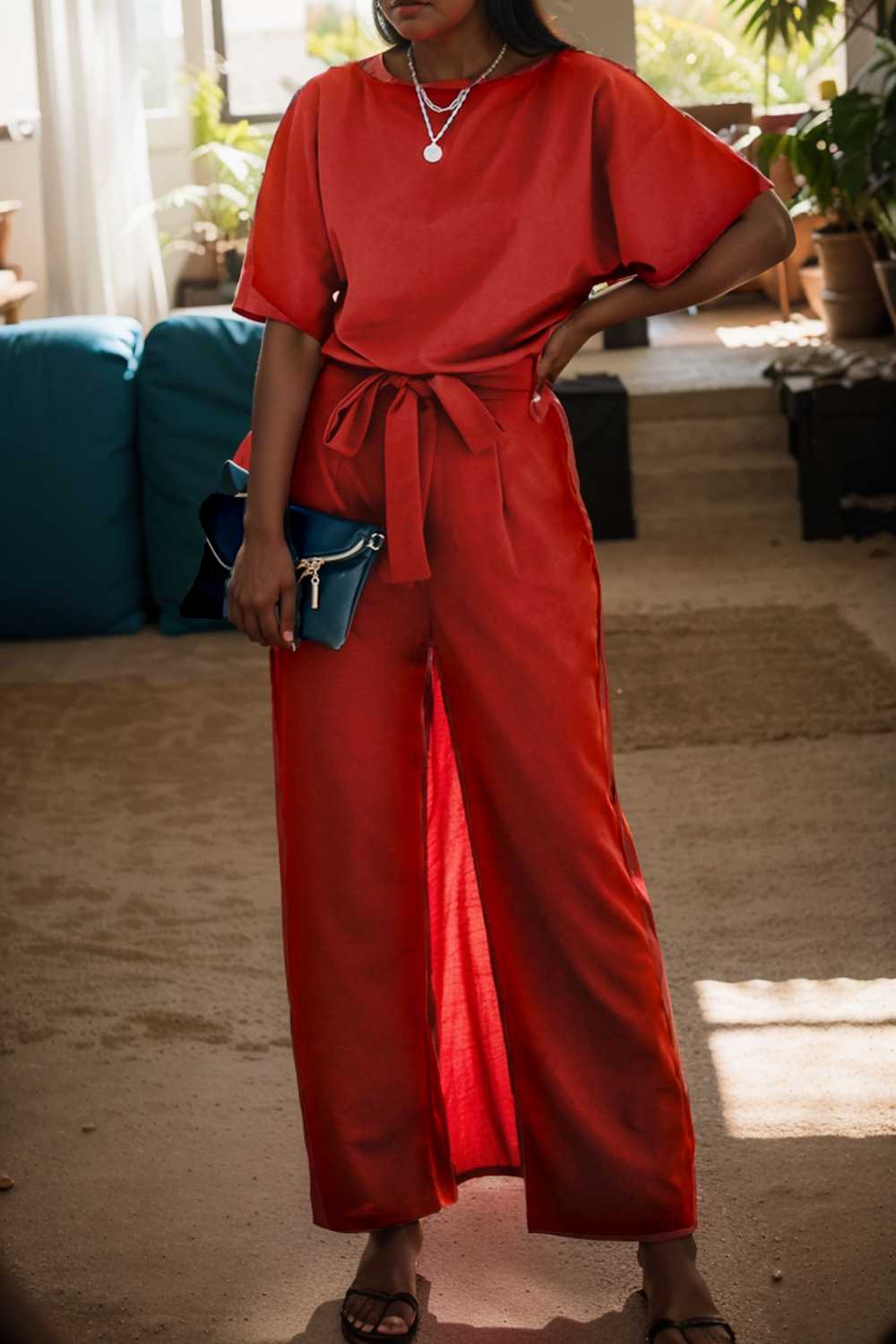 solid five point sleeve belted wide leg jumpsuit 110707