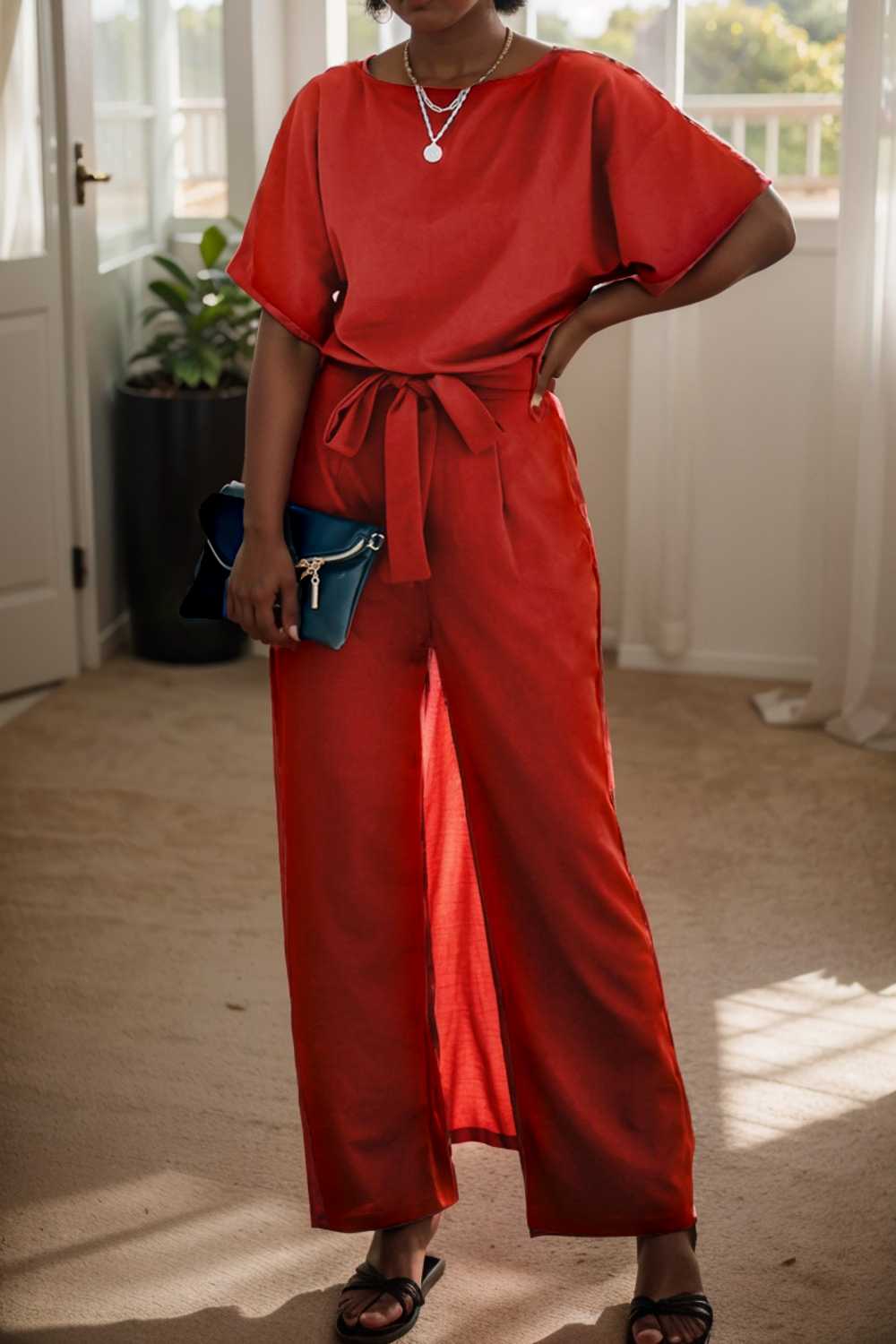 solid five point sleeve belted wide leg jumpsuit 110705