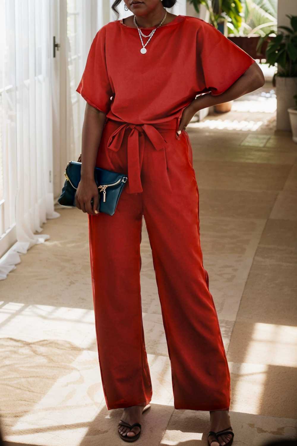solid five point sleeve belted wide leg jumpsuit 110704