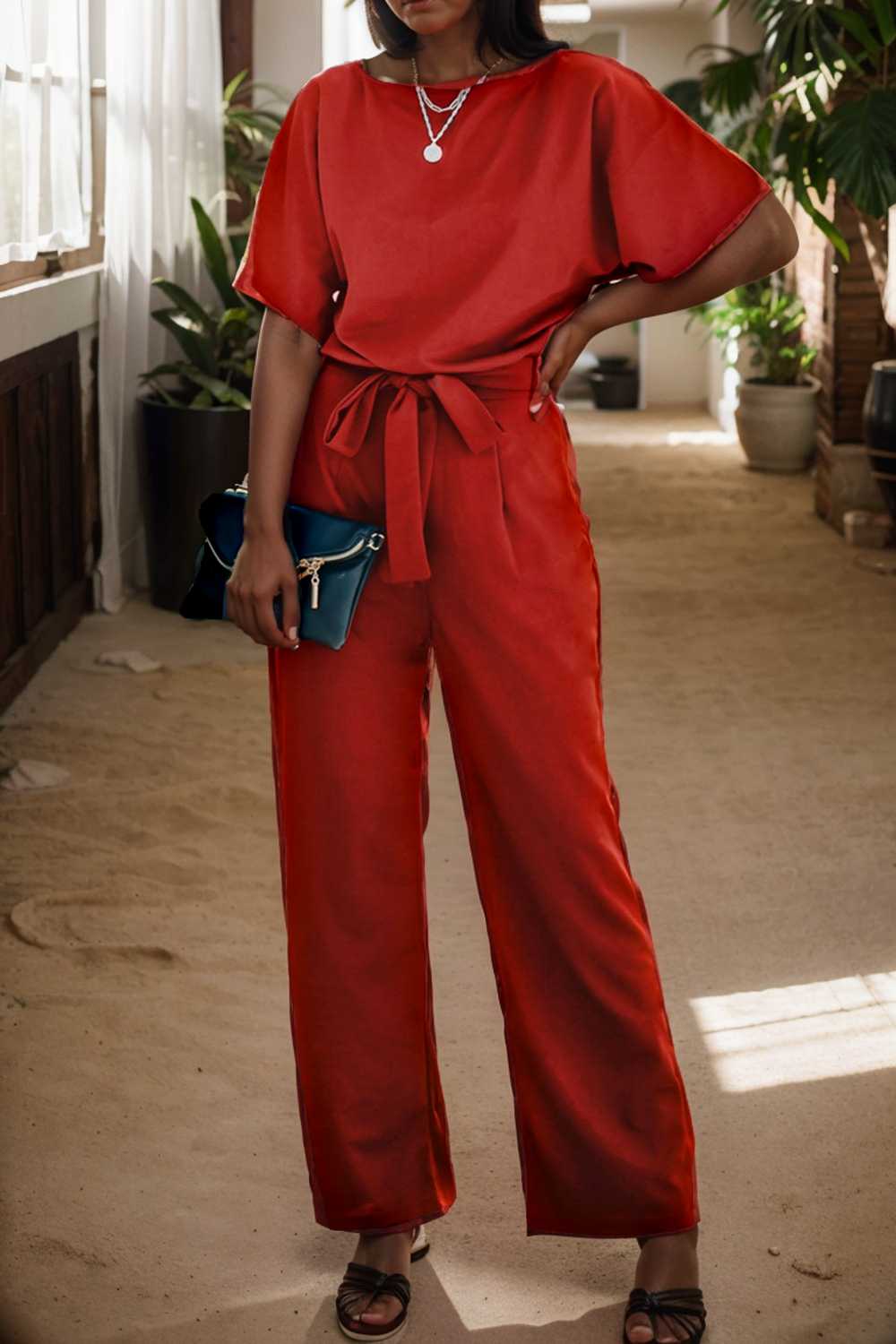 solid five point sleeve belted wide leg jumpsuit 110703