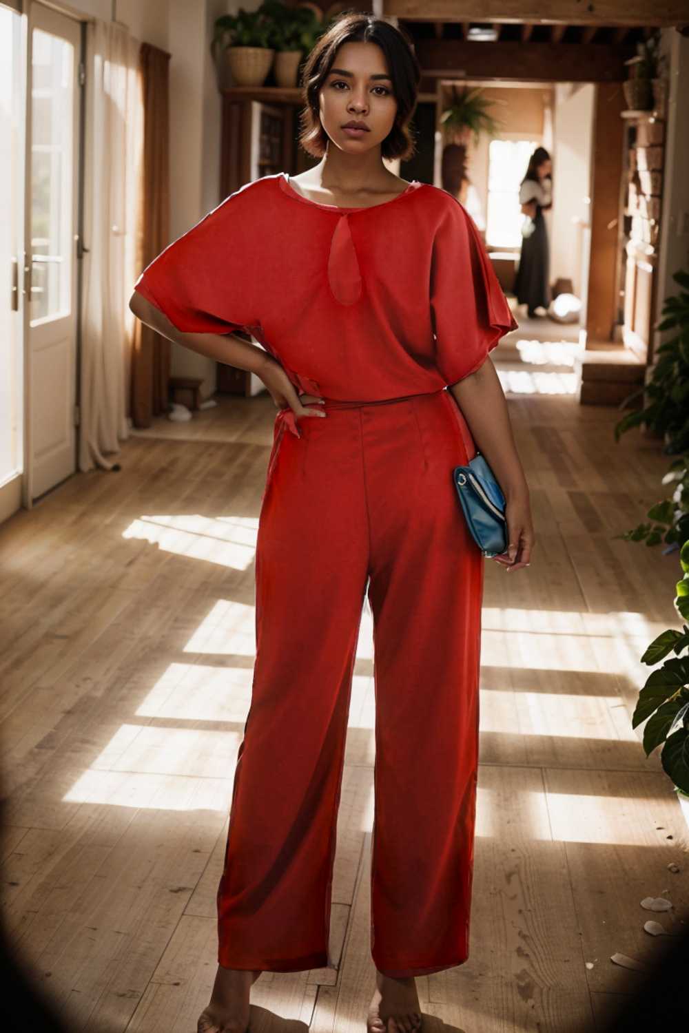 solid five point sleeve belted wide leg jumpsuit 112719