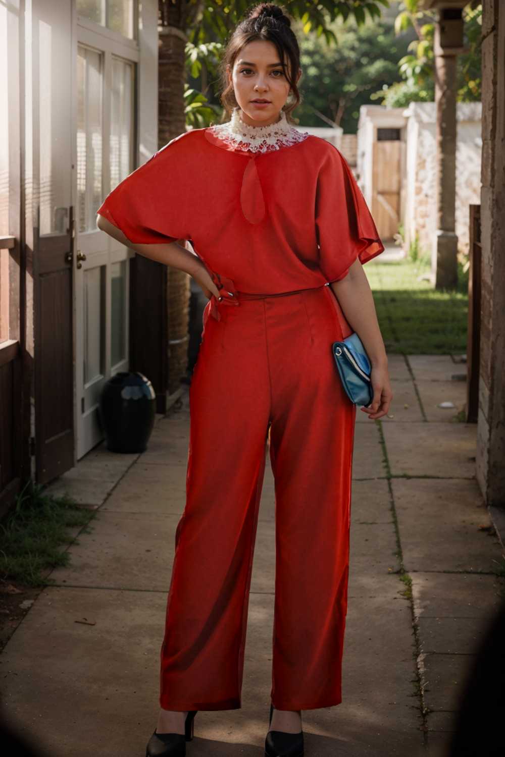 solid five point sleeve belted wide leg jumpsuit 110699