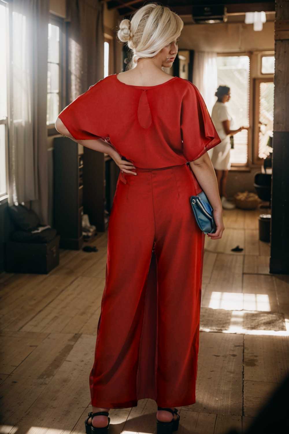 solid five point sleeve belted wide leg jumpsuit 110698