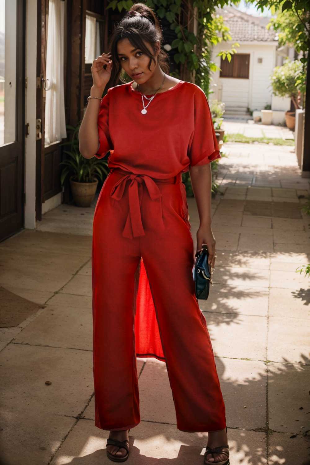solid five point sleeve belted wide leg jumpsuit 110695