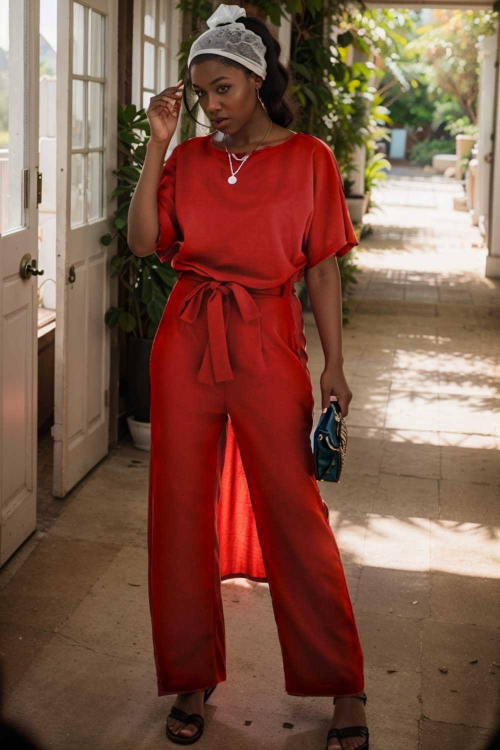 solid five point sleeve belted wide leg jumpsuit 112715