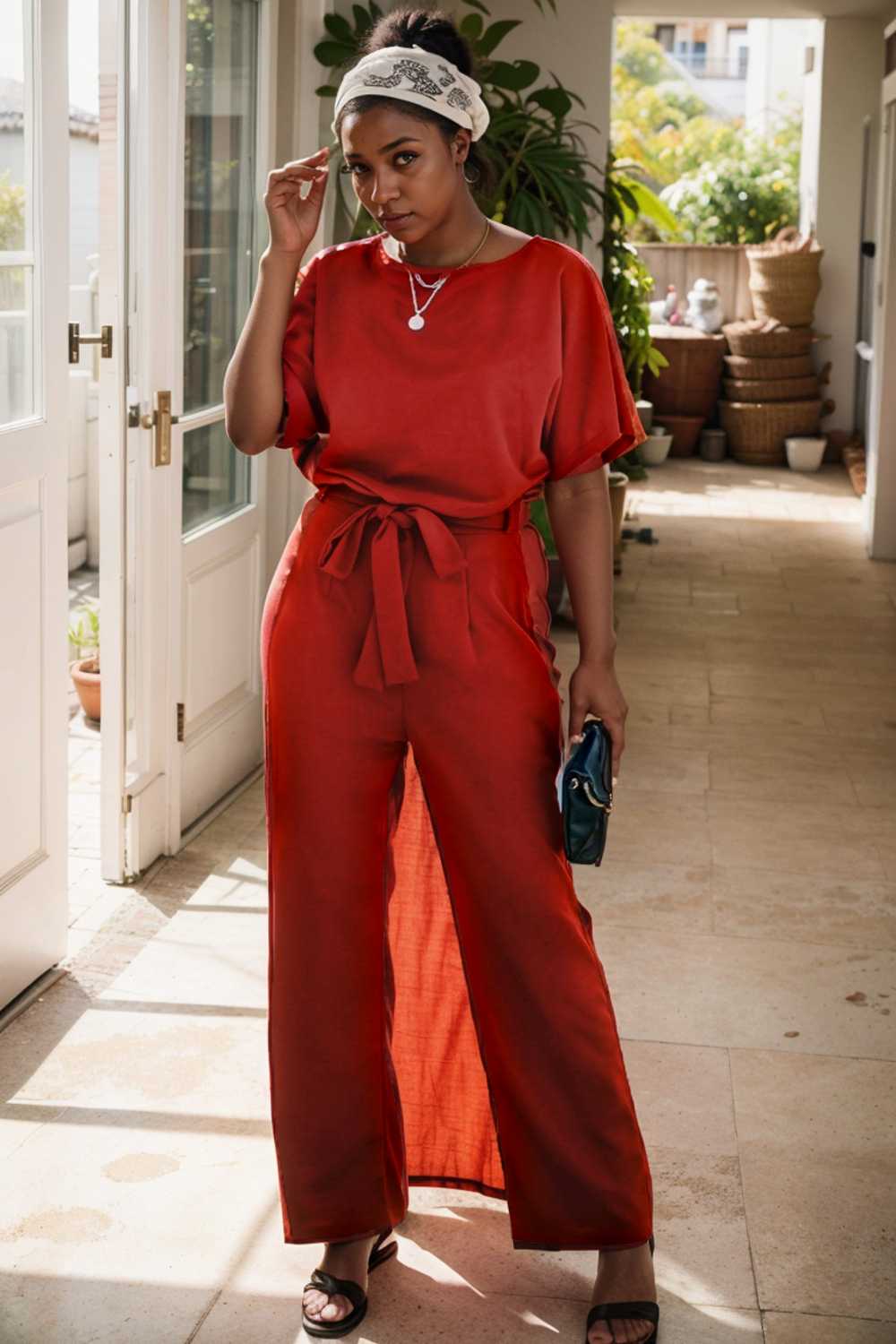 solid five point sleeve belted wide leg jumpsuit 110694