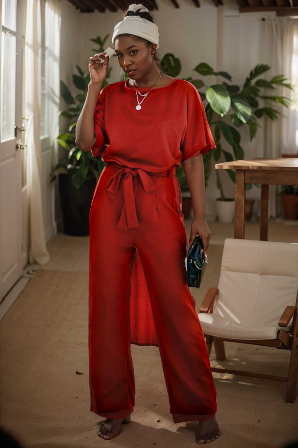 solid five point sleeve belted wide leg jumpsuit 112714