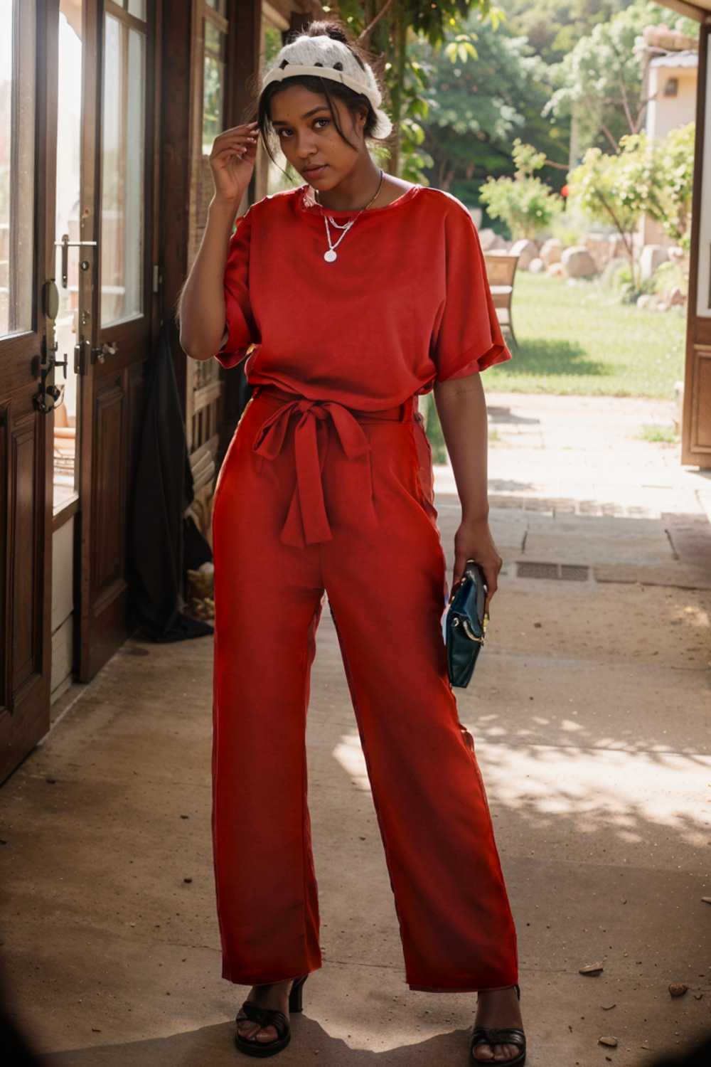 solid five point sleeve belted wide leg jumpsuit 110693