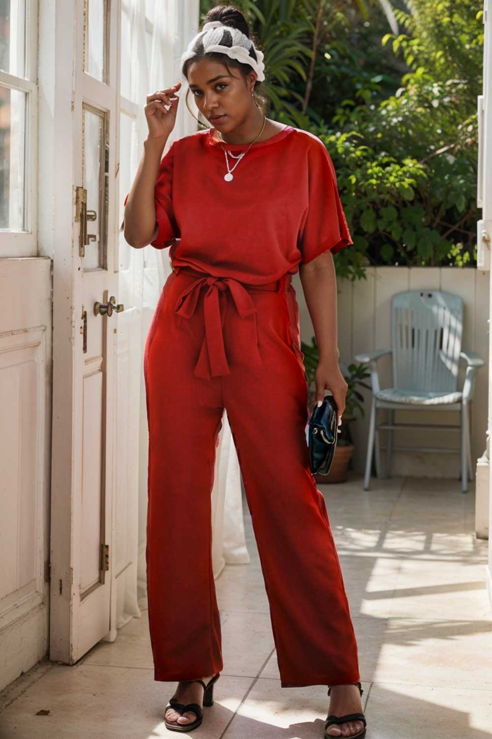 solid five point sleeve belted wide leg jumpsuit 110691