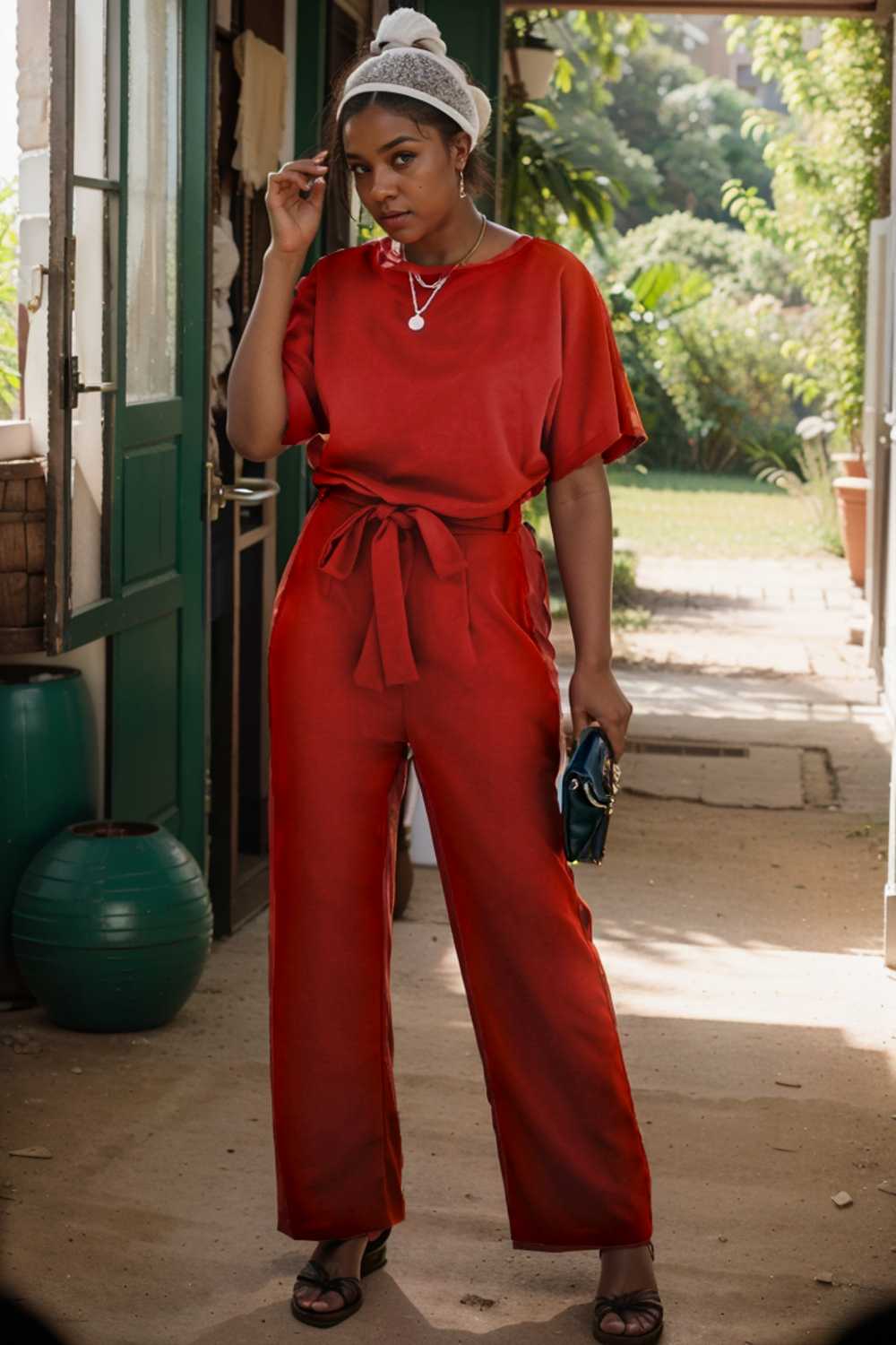 solid five point sleeve belted wide leg jumpsuit 110690