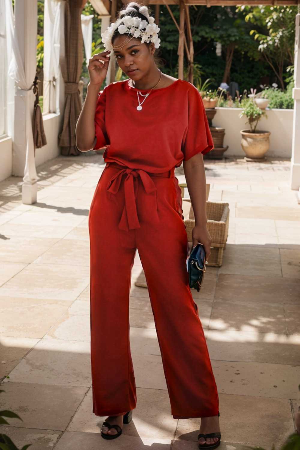 solid five point sleeve belted wide leg jumpsuit 110689
