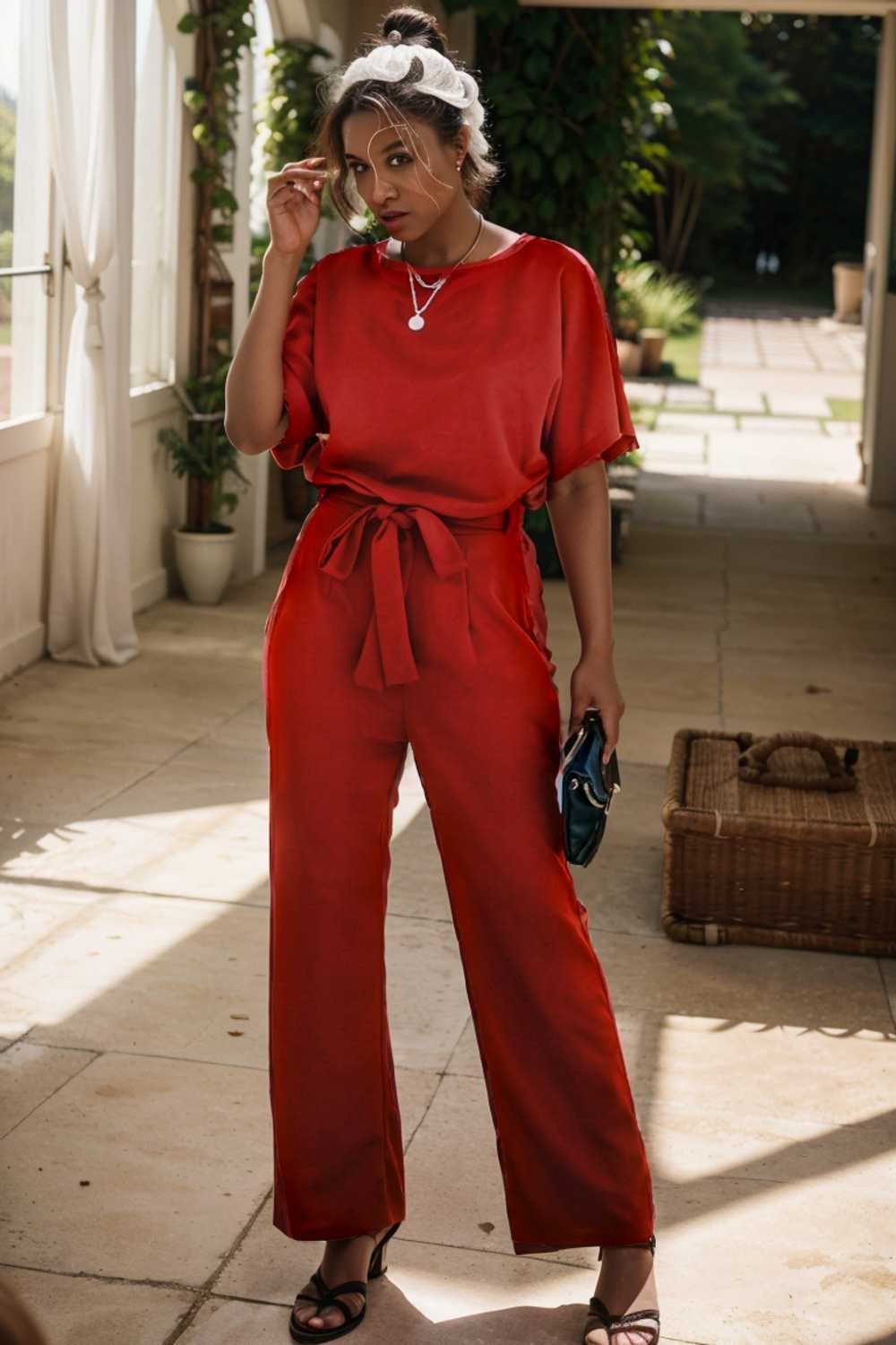 solid five point sleeve belted wide leg jumpsuit 111306