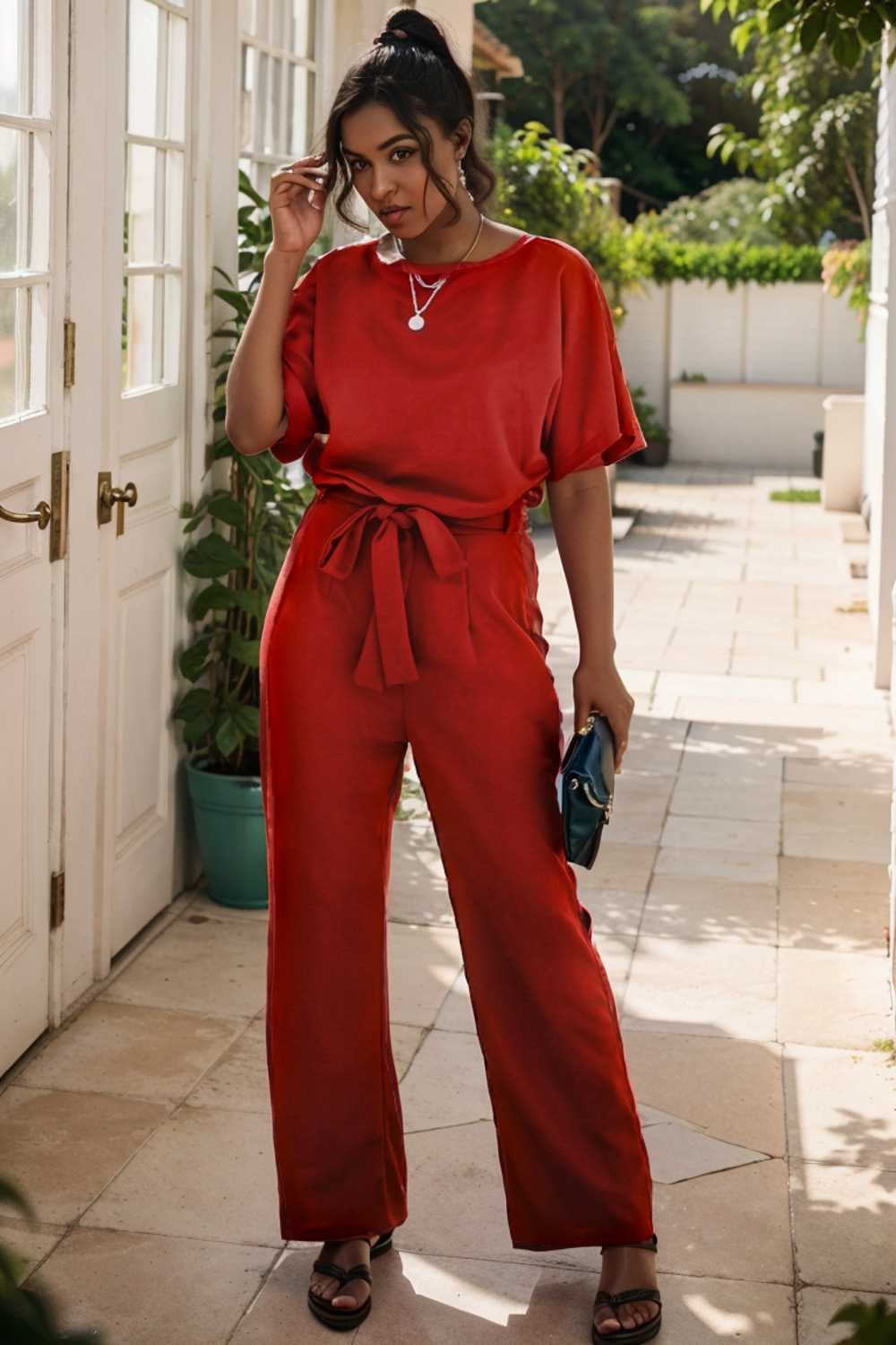 solid five point sleeve belted wide leg jumpsuit 111305