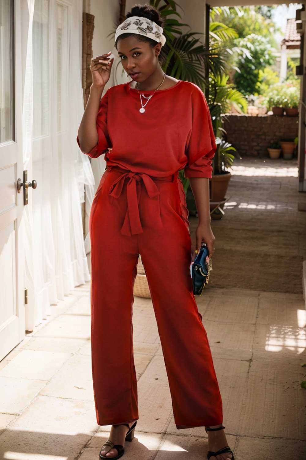solid five point sleeve belted wide leg jumpsuit 111304