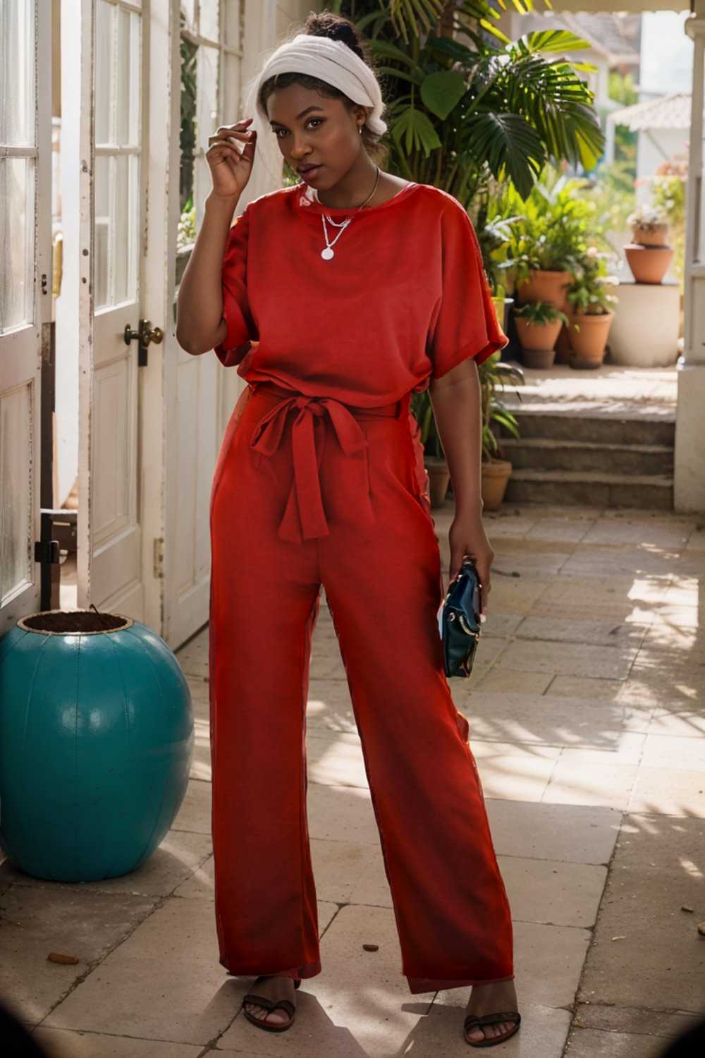 solid five point sleeve belted wide leg jumpsuit 111302