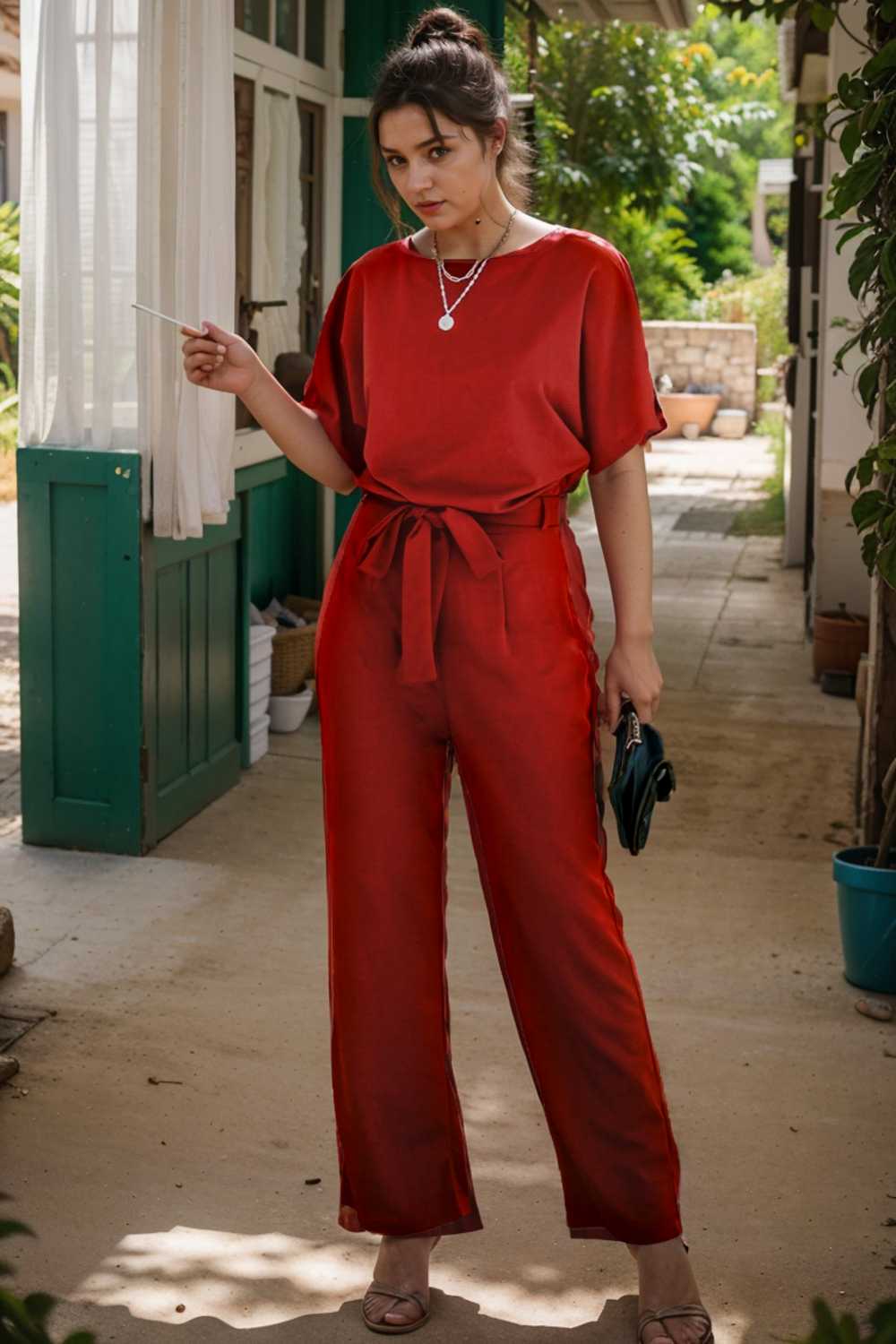 solid five point sleeve belted wide leg jumpsuit 107306